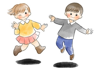 長袖の子供達がジャンプしているイラスト　手描き　水彩風