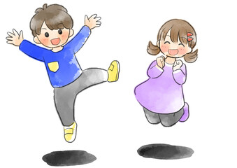 長袖の子供達がジャンプしているイラスト　手描き　水彩風