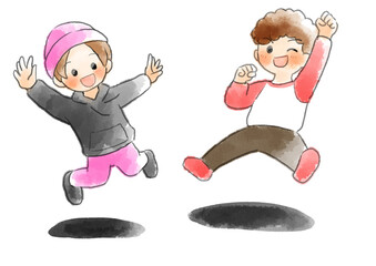 長袖の子供達がジャンプしているイラスト　手描き　水彩風