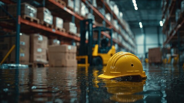 Safety first, but water damage prevails. A yellow hard hat floats in a flooded warehouse, with a forklift parked in the background. A testament to unforeseen hazards.