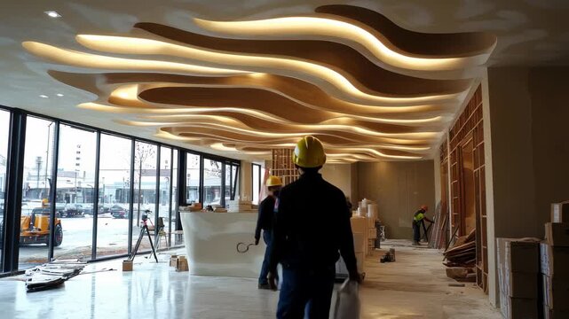 Construction worker performing ceiling installation in a modern building interior during daylight hours