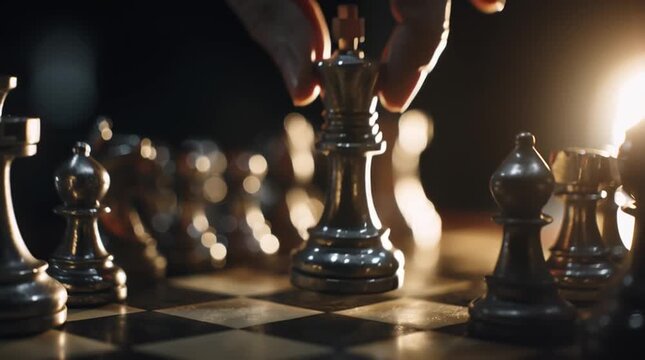 Close up of metal chess king piece being moved on board with dramatic lighting
