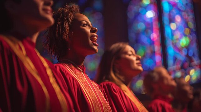 African american women singing in a church choir with stained glass windows in background