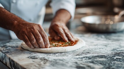 A chef is meticulously spreading a vibrant sauce and toppings on a freshly made pizza dough, dusted with flour, ready to bake in a warm, inviting kitchen environment.