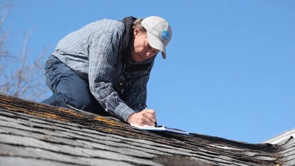 Roofer inspecting general wear and tear on an aging roof determining repair needs for an insurance claim evaluation.