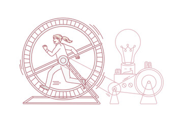 Motivated female employee run in hamster wheel generate creative business ideas for work. Ambitious woman worker in cog brainstorm develop innovative strategy. Innovation. Vector illustration.