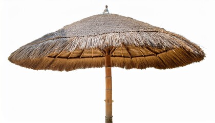 tropical thatched umbrella with bamboo pole isolated on white background