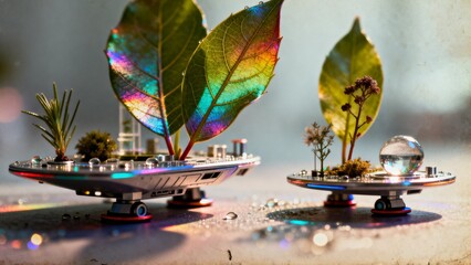 Miniature metallic hoverboards carry vibrant leaves and tiny plants across a reflective surface