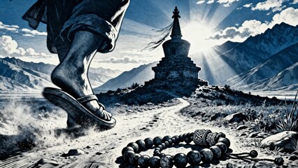 A traveler in sandals walks past prayer beads toward a mountain stupa