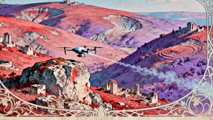 A white drone flies over ancient stone ruins scattered across a stylized pink landscape
