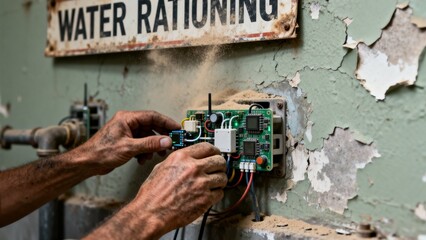 Dirty hands install high tech circuit board into crumbling wall below water rationing sign