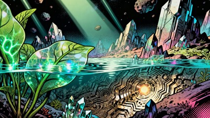 Split view reveals an alien landscape with crystal mountains and underwater geometric patterns