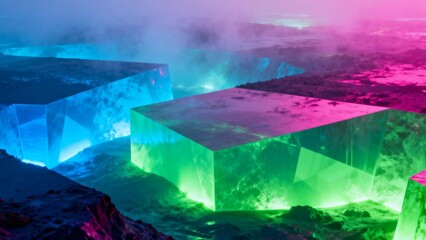 Alien landscape featuring glowing neon crystal blocks rising from misty dark terrain