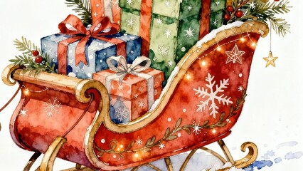 Red sleigh filled with colorful wrapped presents glides through snowy winter scene