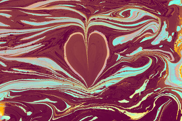Abstract ebru marbling texture with heart shapes and love concept