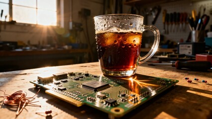 Cold glass of cola sits on workbench beside electronic circuit board at sunset