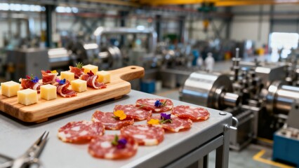 Appetizer plates with cheese and cured meats sit inside an industrial metal factory