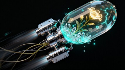 Electric blue lightning surrounds a botanical specimen preserved inside a glass futuristic capsule