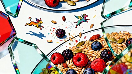 Colorful tiny creatures fly over breakfast cereal bowls viewed through shattered glass shards