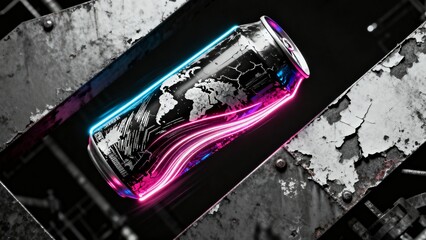 Black aluminum can with world map print floats with neon trails against industrial metal