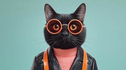 A sleek black cat is styled in round orange glasses, a peach turtleneck, and a miniature leather jacket with matching straps. An adorable & trendy feline pet!