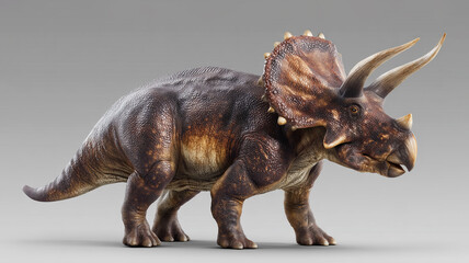 3D Lifelike Triceratops Dinosaur Illustration with Three Horns and Frill, Isolated on Grey Background