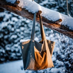 Tote Bag Mockup Hanging on Snowy Wooden Hook, Winter-Themed Display for Branding and Product Presentation