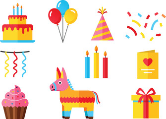 Colorful vector birthday celebration with cake, cupcake, balloons, candles pinata gift card isolated on a white background.