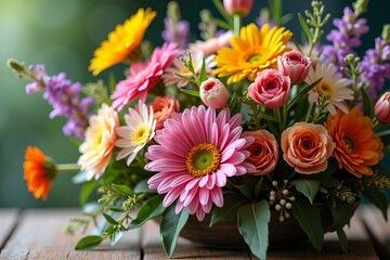 Capturing the Beauty of Spring: A Stunning Floral Arrangement on a Wooden Table