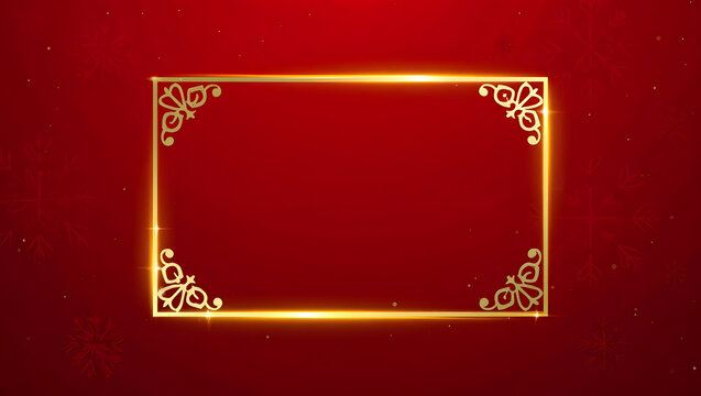 Elegant glowing gold rectangular frame on a festive red background with snowflakes