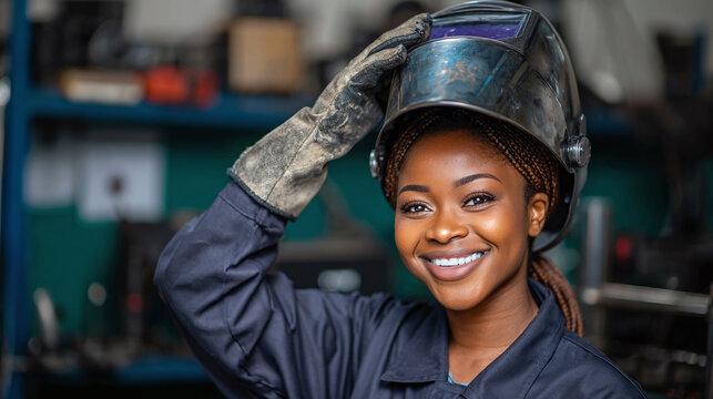 A smiling female welder, confident and ready for work, lifts her protective helmet in a workshop. She is a symbol of strength and empowerment in skilled trades.