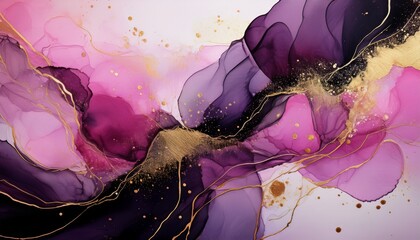 abstract alcohol ink painting background in pink purple black colors with gold splashes