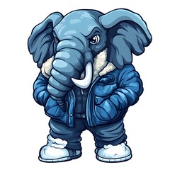 Cartoon elephant character wears heavy blue winter outerwear with furry trim