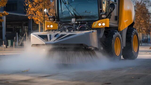 Medium frame showing a mechanical tarmac sweeper with water spray system reducing dust while cleaning an industrial airfield pavement.