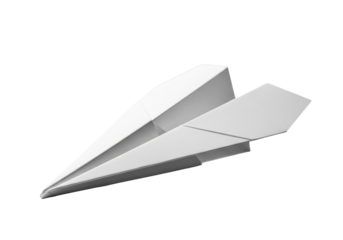 High-key macro studio shot of a classic white paper airplane, crisp edges and subtle fiber texture, casting deep shadow on a transparent background with copy space. Concept of innovation and potential