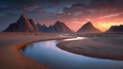 Serene sunset reflecting on a winding river through a desert landscape. Majestic mountains in background, with soft orange skies creating a peaceful, natural vista.