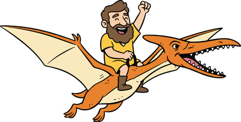 Cartoon man riding Pteranodon, prehistoric adventure scene, flying dinosaur, joyful expression, imaginative flight, flat vector illustration © Creative_Designer 