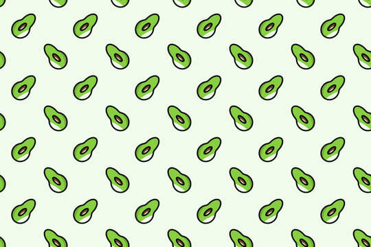 Seamless pattern of cartoon avocado halves on a light green background. Playful, bright design perfect for textiles, packaging, wallpapers, stationery, and modern food themed graphic projects