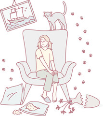 Mess and disorder from cat concept. Young frustrated girl sitting on armchair looking at broken vase and prints on wall from her cat vector illustration