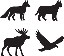 Four Black Vector Silhouettes of Animals, including Foxes, Cat, deer and Eagle wildlife, isolated on a white background.