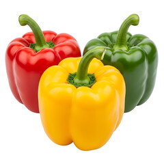 Three bell peppers in red yellow and green colors with stems facing upward isolated on a transparent background