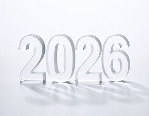 Minimal Frosted Glass 2026 Numerals with Perspective Depth and Long Soft Shadows, White Background