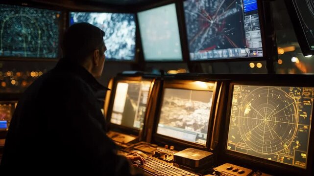 Technician monitors multiple radar displays in a dimly lit control center coordinating arrivals and departures of cargo vessels at a large coastal port.