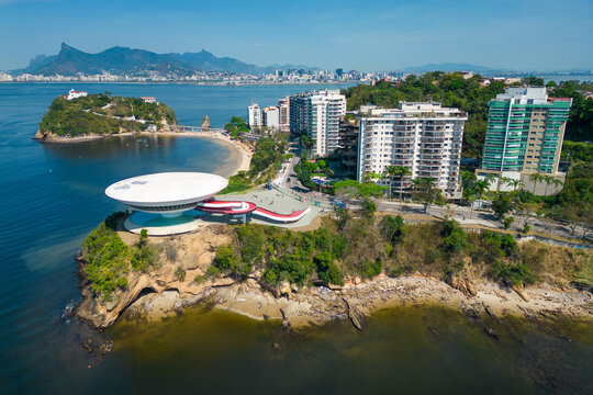 Niteroi, Brazil - September 21, 2025: Oscar Niemeyer's Niteroi Contemporary Art Museum aerial view, one of the masterpiece of modern architecture, built in 1996 on the coastal rock with a scenic view.