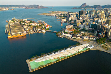 Aerial View of Rio de Janeiro City With Modern Museum of Tomorrow Building and Ilha das Cobras Naval Base Island