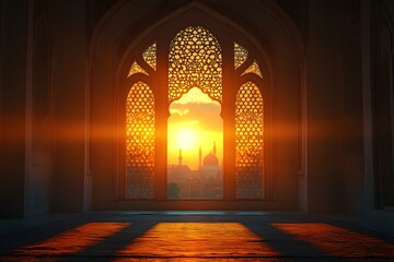 Dramatic sunset illuminates ornate architectural interior through a detailed arched opening overlooking a distant cityscape