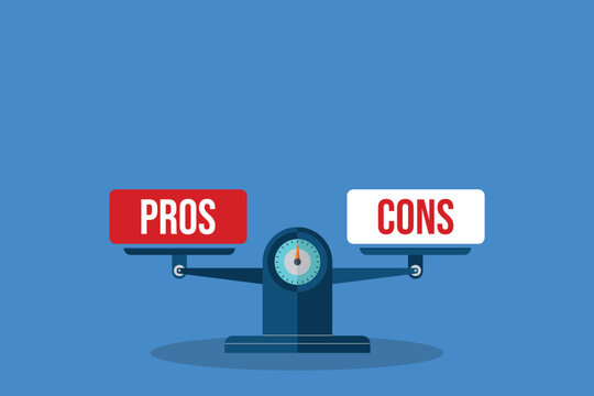 Words pros and cons balanced on a scale. Comparing positive advantages or negative disadvantages.	