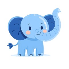Adorable cartoon baby elephant raises its trunk in a cheerful greeting