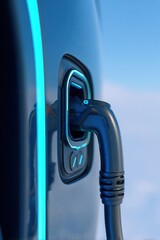 Macro View of EV Charging Connector with Neon Accents and Soft Sky Gradient