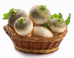 freshly harvested turnips in a woven basket isolated on white background